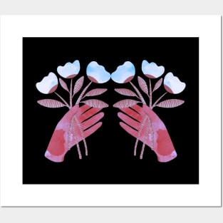 Red hands with blue flowers for you on black background Posters and Art